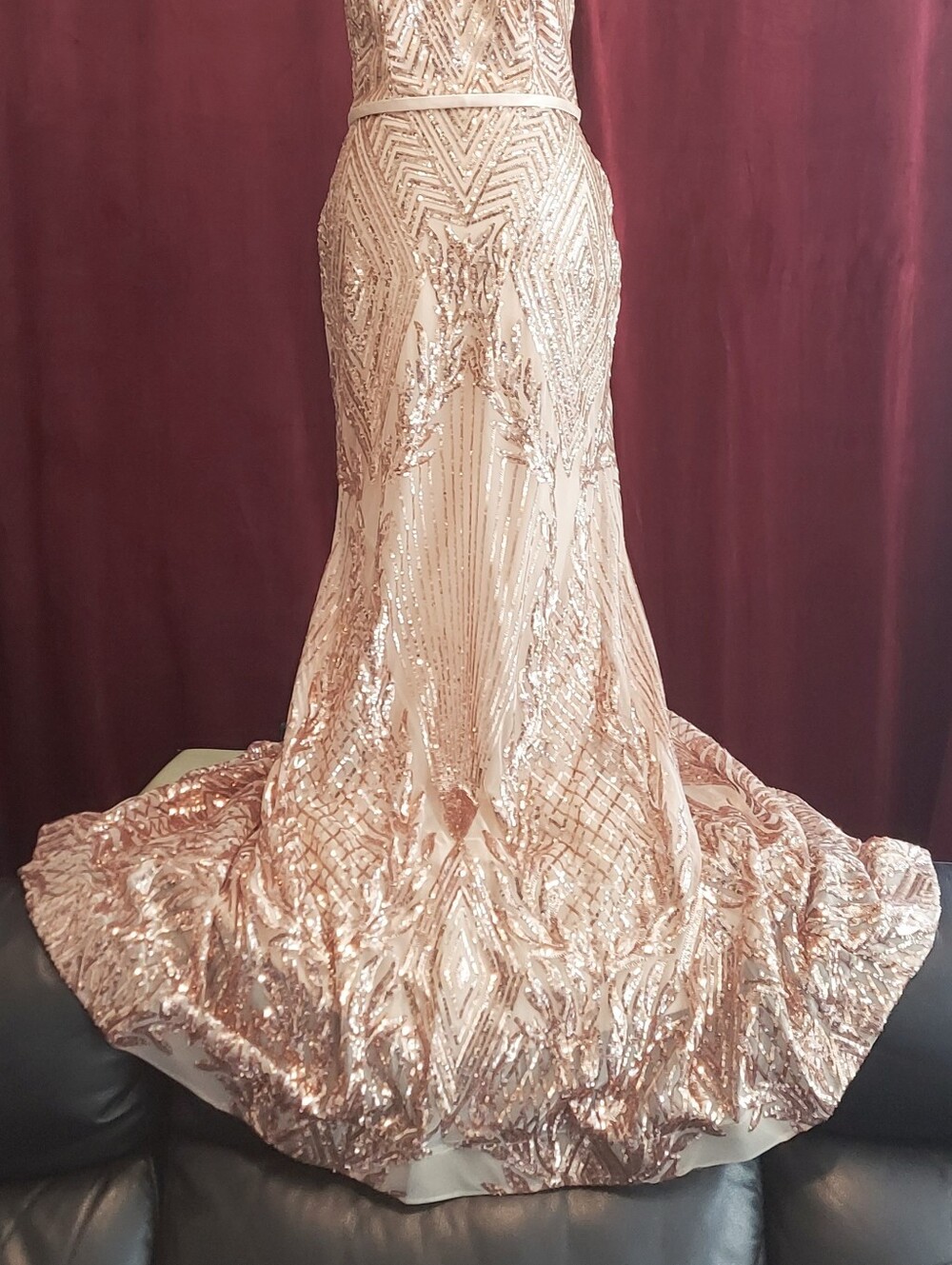 NWT Art Deco Design Rose Gold Sequin Off-Shoulder Evening Gown - Picture 2 of 11
